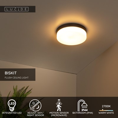Lucide BISKIT - Flush ceiling light Bathroom - Ø 28 cm - LED - 1x18W 2700K - IP44 - Motion Sensor - Black